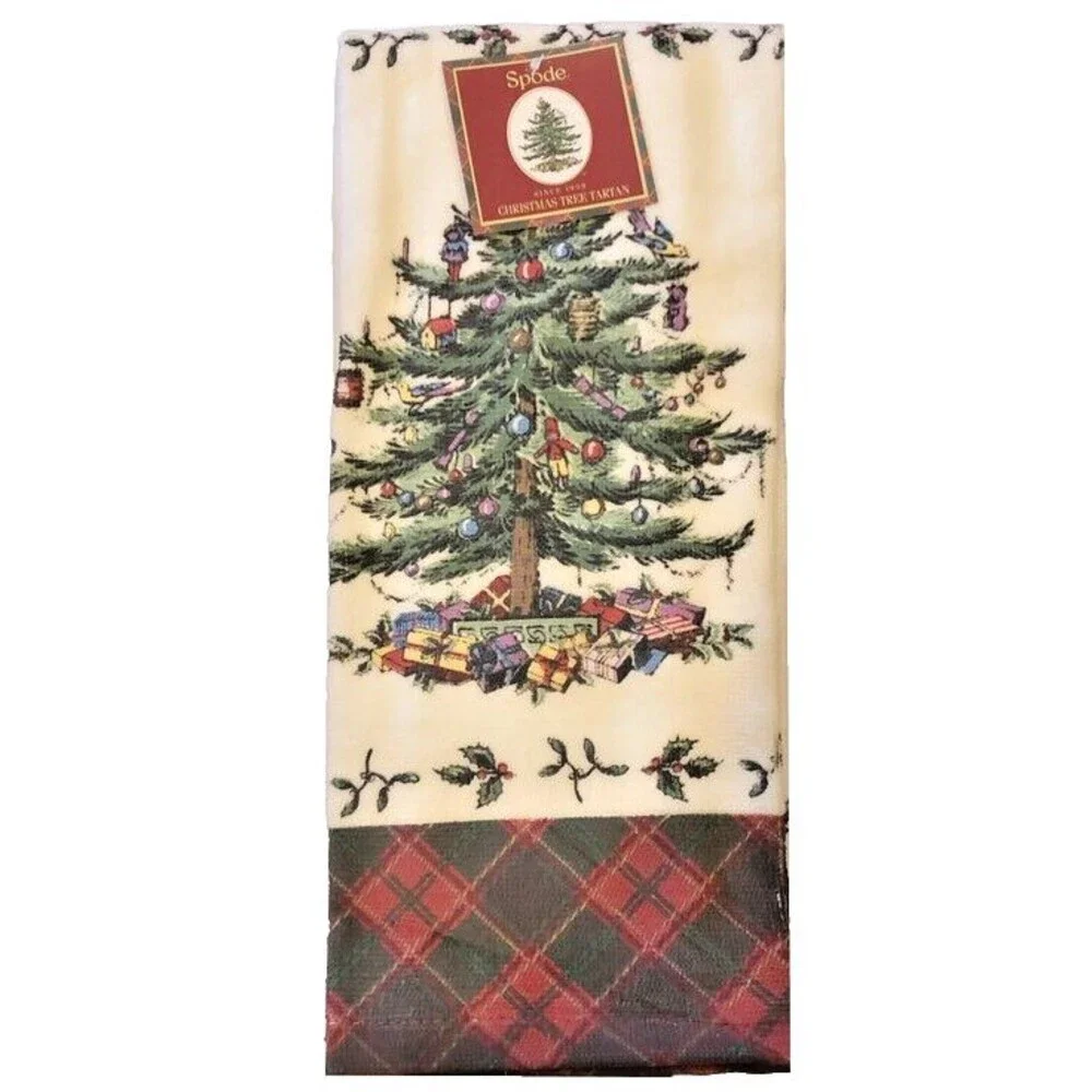 Spode Christmas Kitchen Dish Towel Tree 100% Cotton Tartan Plaid 27x19 Holiday